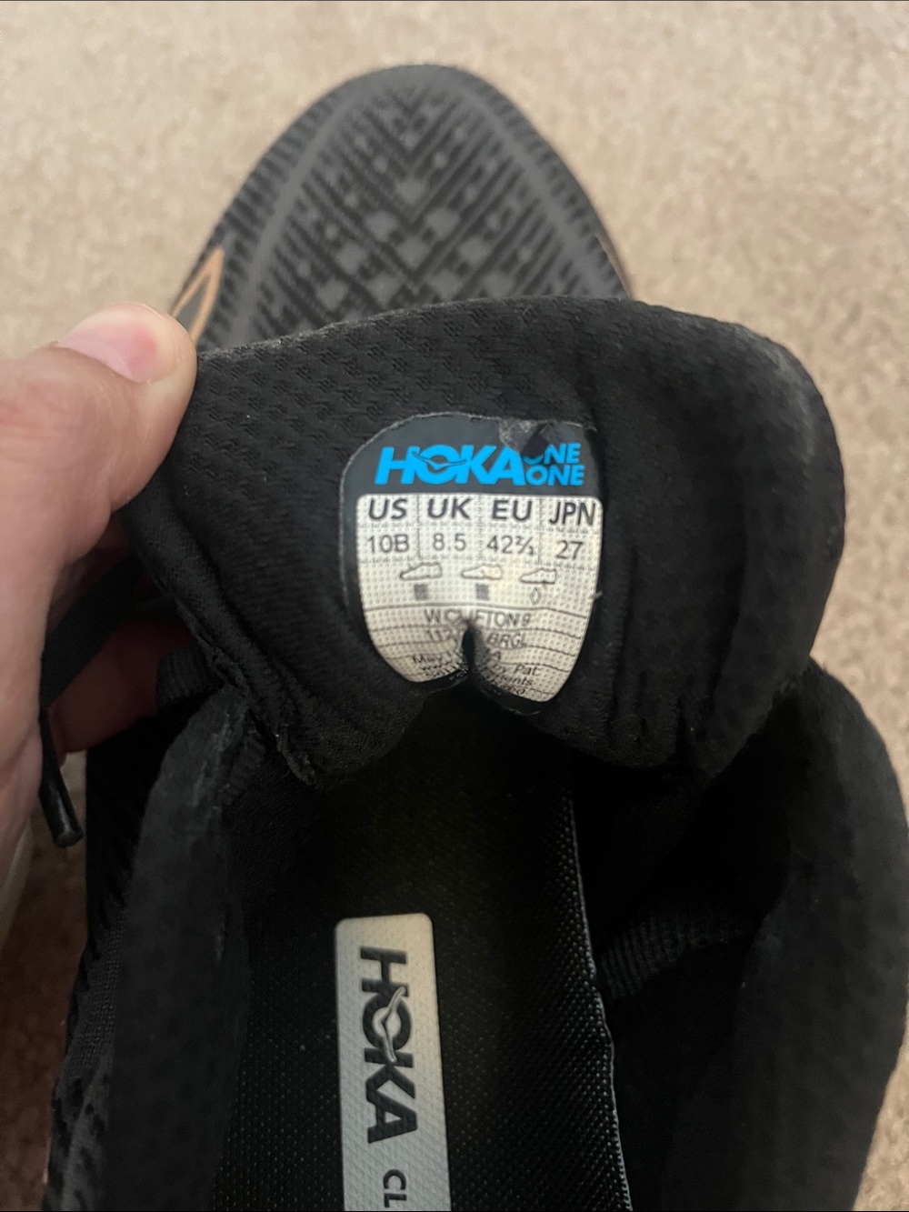 Hoka Clifton 9 Black Running Shoes with Rose Gold Logo Accents - Picture 6 of 6